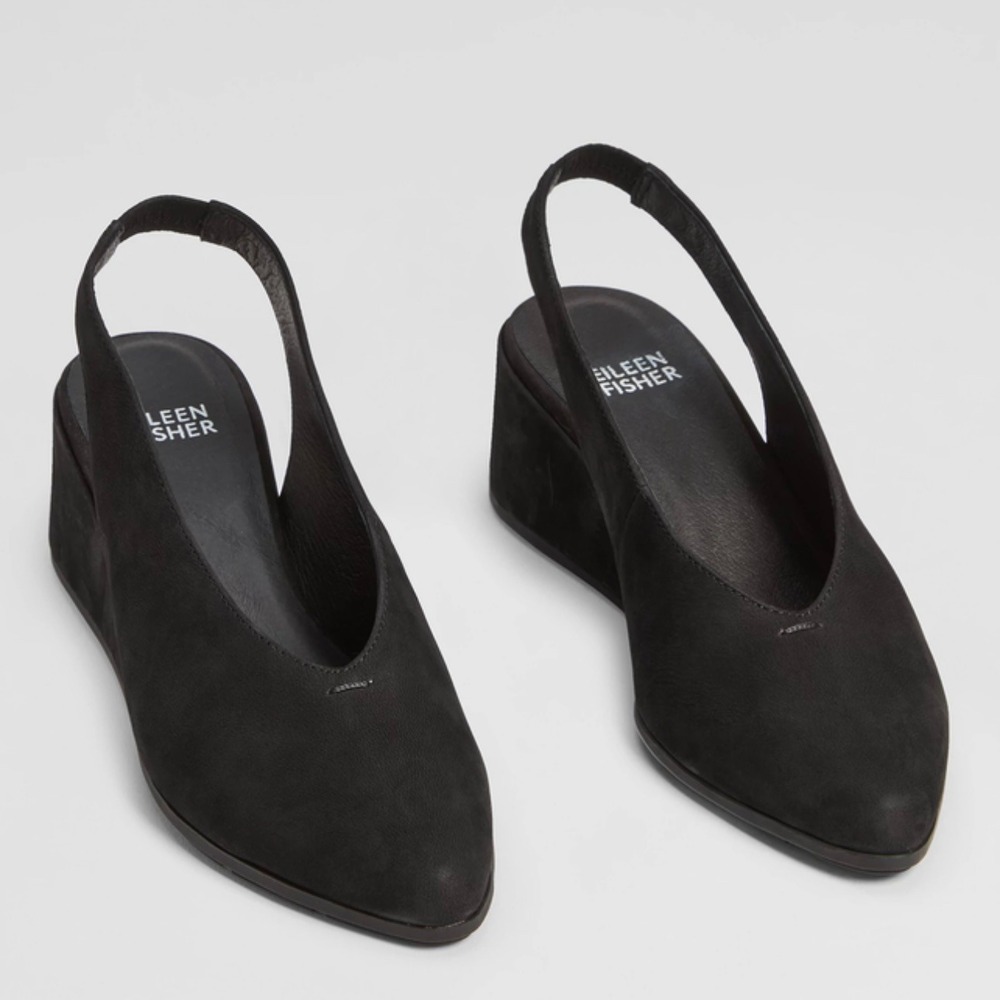 Eileen Fisher Devi‎ Tumbled Nubuck Black Leather Slingback Wedge Heels Women's 6